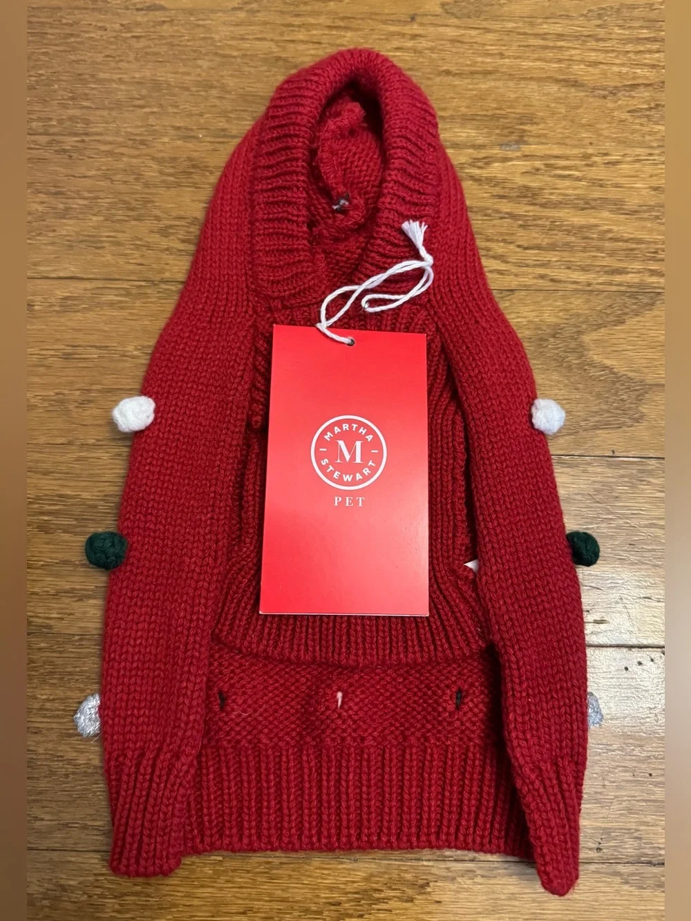 Martha Stewart Red, Green, White, & Silver Pom Pom Hoodie Puppy/Dog Sweater, XS
